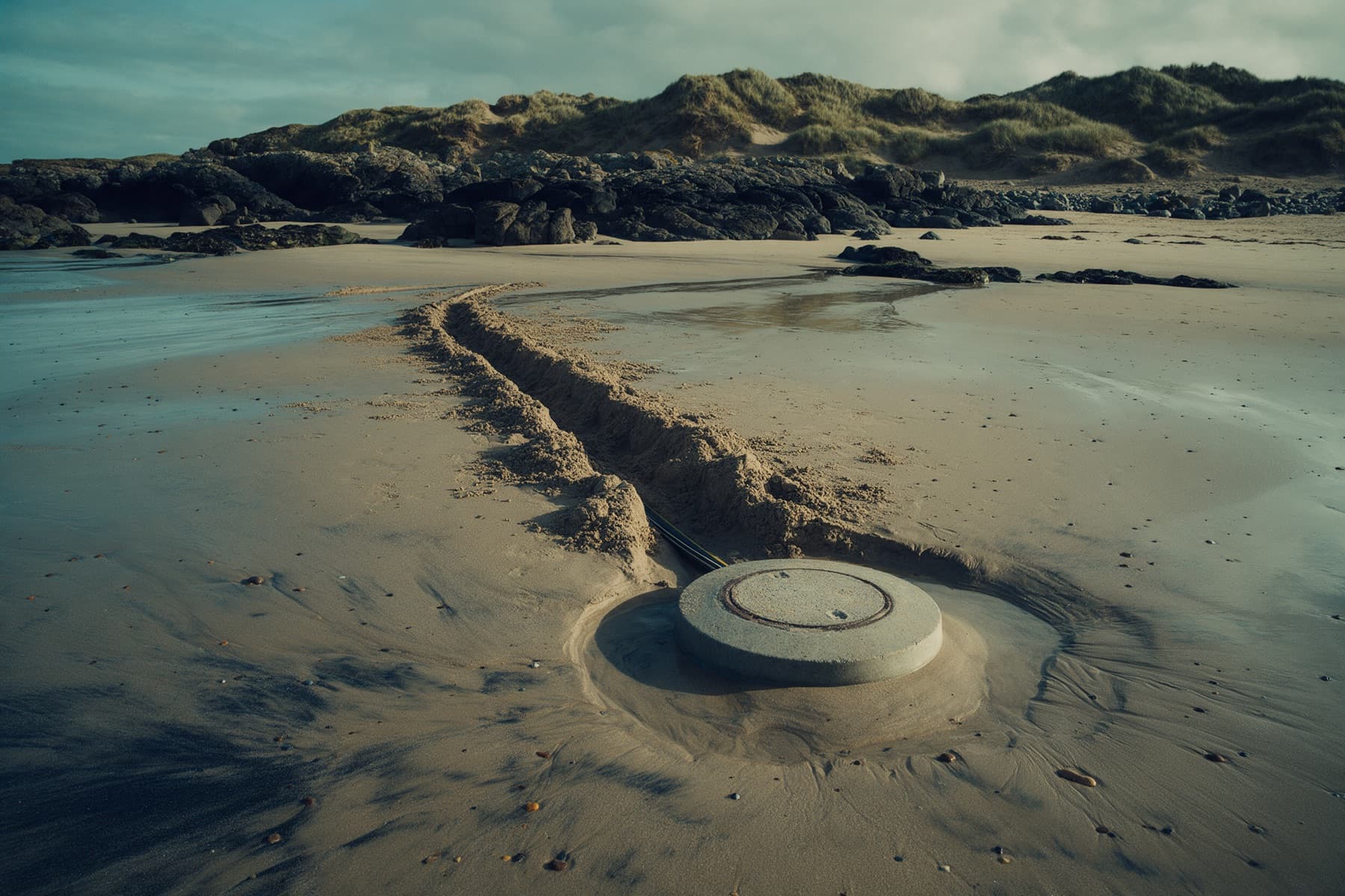 A cable trench crossing a sandy beach at low tide to a concrete beach manhole, with rocks and dunes behind